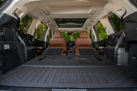 Cargo space with the second and third rows down in a seven-passenger Ascent.